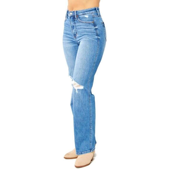 Women's High Waist Tummy Control Distressed Straight Jeans Regular MD - Picture 3 of 5